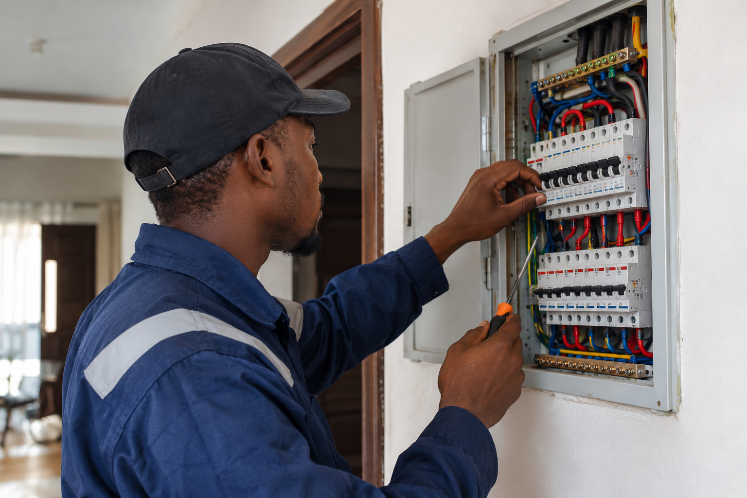 Electrician inspecting a residential electrical distribution board